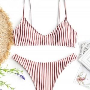 Striped High Cut Thong Bikini Set